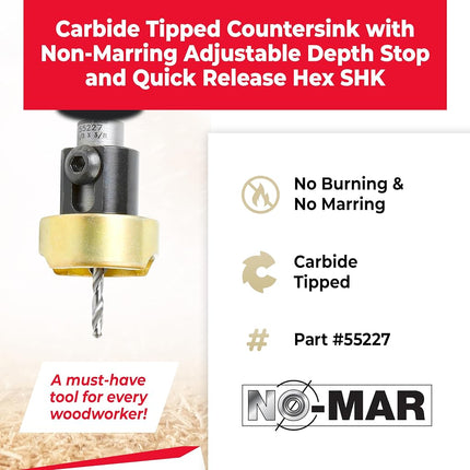 Amana Tool 55227 Carbide Tipped Countersink with No Burning and No Marring Adjustable Depth Stop with No-Thrust BB, 3/8 D x 1/8 Drill D x 1/4 Inch Quick Release Hex SHK