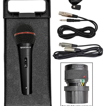 Rockville RMIC-SR Dynamic Handheld Microphone, 600 Ohms +/-30%, 72dB Sensitivity, M-56 Cartridge, Metal Body, OFC Copper Cables & Case, for DJ, Vocal, Karaoke