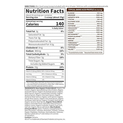 Garden of Life Raw Organic Protein Chocolate Powder, 20 Servings *Packaging May Vary* Certified Vegan, Gluten Free, Organic, Non-GMO, Plant Based Sugar Free Protein Shake with Probiotics & Enzymes