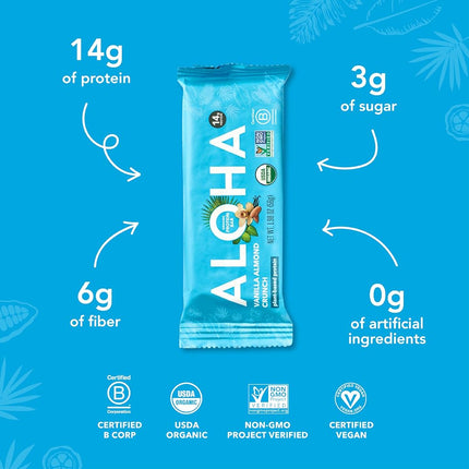 ALOHA Organic Plant Based Protein Bar, Vanilla Almond Crunch, 1.9 oz, 12 Count, Vegan, Gluten Free, Non-GMO, Stevia Free, Soy Free, Dairy Free