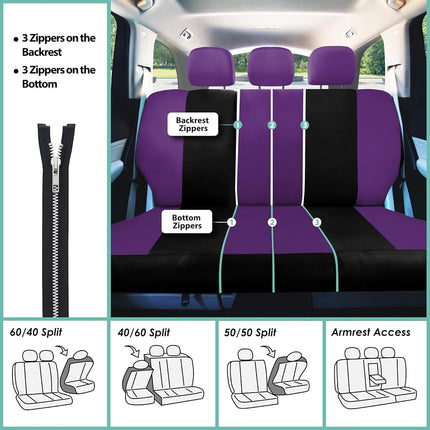 FH GROUP Housses de siège auto ensemble complet en tissu violet - Ajustement universel, Housses de siège automobile, Housses de siège avant à dossier bas, Compatible airbag, Banquette arrière séparable, Housse de siège auto pour SUV, Berline, Van