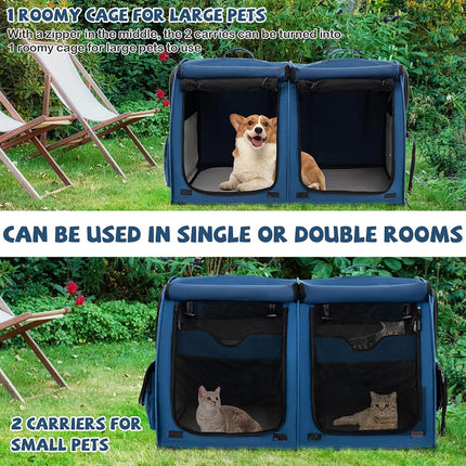 PETSITE 40 Inch Cat Carrier with Double Compartments, Portable Pet Kennel with 2 Removable Hammocks, Dual-use Mats & Litter Box, Soft-Sided Cat Dog Crate with Carry Bag & Ground Stakes (Black)