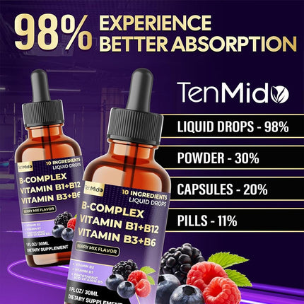 10in1 Vitamin B Complex Liquid Drops with B1 Thiamine, B12 Methylcobalamin, B2 Riboflavin, B3 Niacinamide, B5 Pantothenic Acid, B6 Pyridoxine, B7 Biotin and More - 30ml 1 Fl Oz
