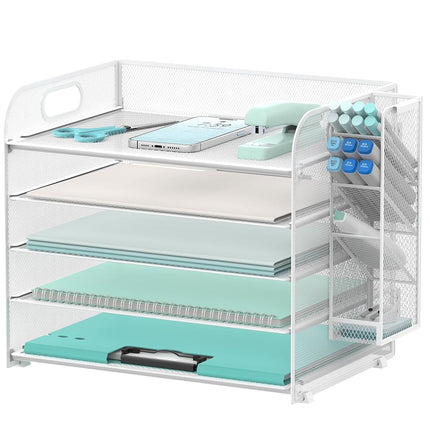 SUPEASY 5 Tier Desk Organizer with Handle & Removable Pen Holders, Mesh Paper/File Organizer for Desk, Paper Letter Tray Organizer for Office Supplies (White)