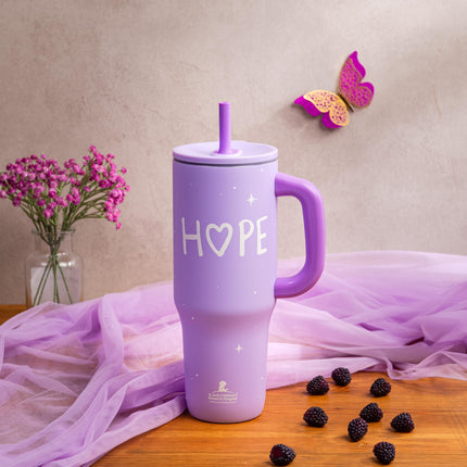 Vaso de viaje Zak Designs St. Jude Sutton para llevar, acero inoxidable de 40 oz con aislamiento al vacío, pajita de silicona y asa de transporte para bebidas frías (Hope)