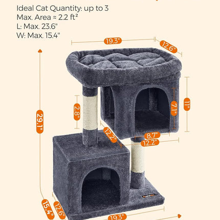 Feandrea Cat Tree Tower, 74 cm, M, Condo for Medium Cats up to 11 lb, Large Perch, 2 Caves, Scratching Post, Smoky Gray UPCT612G01