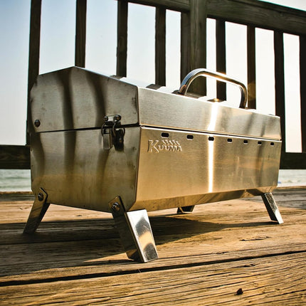 Kuuma "Kuuma Premium Stainless Steel Mountable Charcoal Grill w/Inner Lid Liner by Camco -Compact Portable Size Perfect for Boats, Tailgating and More - Stow N Go 160"" (58110)", silver