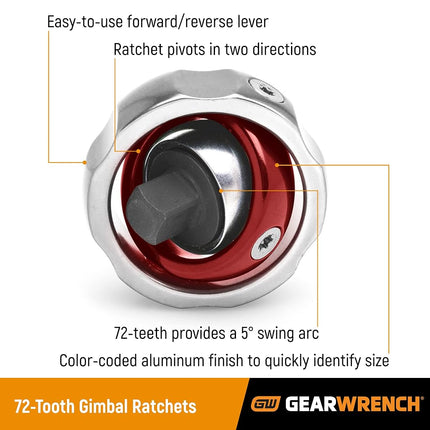 GEARWRENCH 81027 Drive Gimbal Ratchet ,Silver,72 Tooth - ,1/4 Inch
