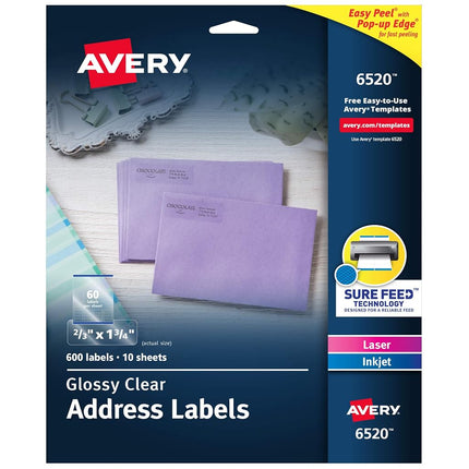 Avery Glossy Clear Address Labels, Sure Feed Technology, Laser/Inkjet, 2/3" x 1-3/4", 600 Labels, 5 Packs (6520)