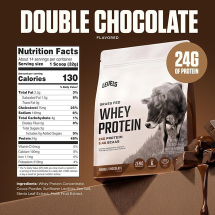 Levels Grass Fed Whey Protein Powder, No Artificials, 24G of Protein, Double Chocolate, 1LB