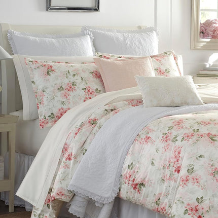 Laura Ashley Wisteria Bedding Set, Cotton, Pink/Green/Off White, Twin