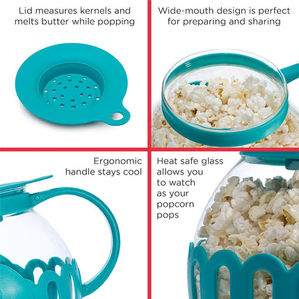 Ecolution Patented Micro-Pop Microwave Popcorn Popper, Temperature Safe Borosilicate Glass, Teal
