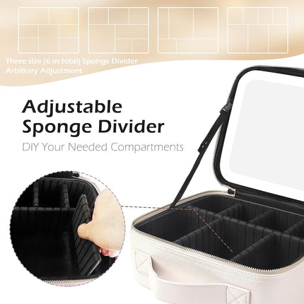 MOMIRA Travel Makeup Bag Cosmetic Bag Makeup Organizer Bag with Lighted Mirror, Adjustable Brightness in 3 Color Scenarios, Waterproof Makeup Train Case - Khaki