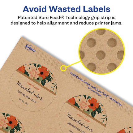 Avery Kraft Brown Round Labels with Sure Feed, 1-5/8" Diameter, 2,000 Kraft Brown Labels, Print-to-The-Edge, Laser/Inkjet Printable Labels