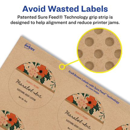 Avery Kraft Brown Round Labels with Sure Feed, 1-2/3" Diameter, 1,000 Kraft Brown Labels, Print-to-The-Edge, Laser/Inkjet Printable Labels