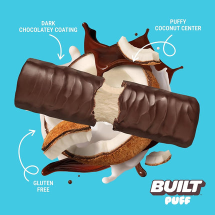 Built Bar 12 Pack High Protein and Energy Bars- Low Carb, Low Calorie, Low Sugar-Covered in 100% Real Chocolate - Delicious, Healthy Snack - Gluten Free (Coconut Puff)