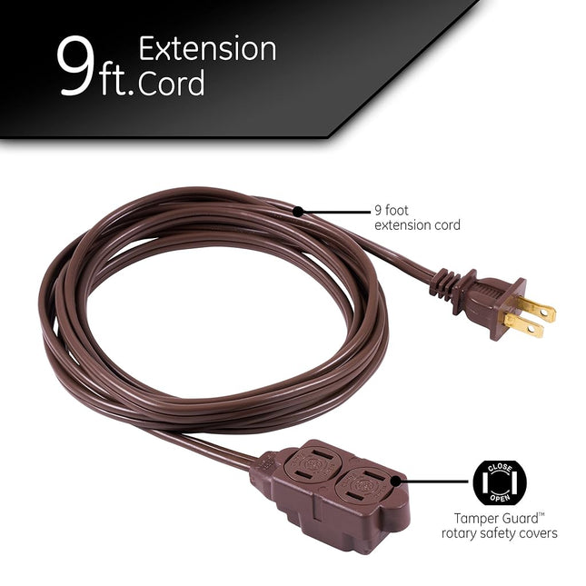 GE 3-Outlet Power Strip, 9 Ft Extension Cord, 2 Prong, 16 Gauge, Twist-to-Close Safety Covers, Indoor Rated, Perfect for Home, Office or Kitchen, UL Listed, Brown, 51942