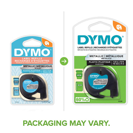 DYMO LetraTag Labeling Tape for LetraTag Label Makers, Black Print on Metallic Silver Tape, 1/2'' W x 13' L