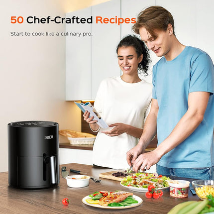 DREO Air Fryer - 100℉ to 450℉, 4 Quart Hot Oven Cooker with 50 Recipes, 9 Cooking Functions on Easy Touch Screen, Preheat, Shake Reminder, 9-in-1 Digital Airfryer, Black, 4L (DR-KAF002)