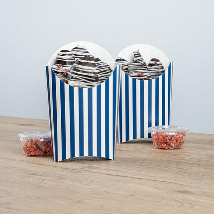 Bio Tek 4.7 x 3.5 x 5.1 Inch French Fry Cup, 100 Disposable Snack Cups - Stackable, Sustainable, Blue and White Paper 4 Ounce Fry Holder, for Fries, Onion Rings, Popcorn, or Cookies - Restaurantware