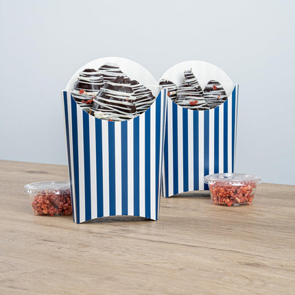 Bio Tek 4.7 x 3.5 x 5.1 Inch French Fry Cup, 100 Disposable Snack Cups - Stackable, Sustainable, Blue and White Paper 4 Ounce Fry Holder, for Fries, Onion Rings, Popcorn, or Cookies - Restaurantware
