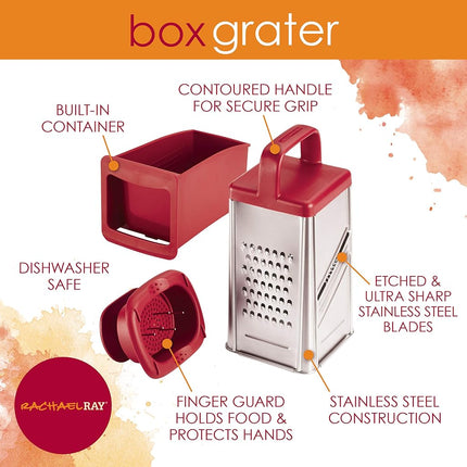 Rachael Ray Tools and Gadgets Stainless Steel Box Grater for Vegetables, Chocolate, Hard Cheeses, and More, Red