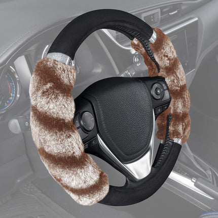 BDK Bear Fur Steering Wheel Cover, Plush Faux Fur Fuzzy Steering Cover for Car Truck Van SUV, Standard Size Fits Wheels 14.5 - 15 in Diameter, Two Tone Black / Brown with Glitter