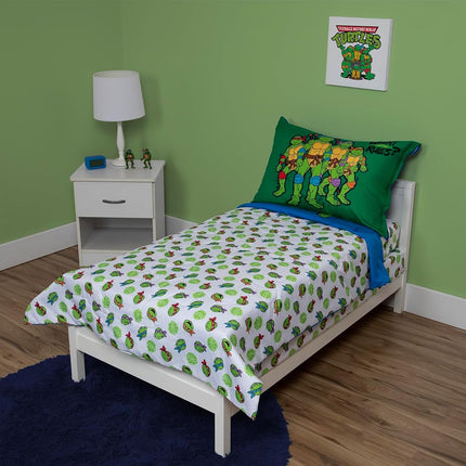 TEENAGE MUTANT NINJA Turtles 4 Piece Toddler Bedding Set – Includes Comforter, Sheet Set – Fitted + Top Sheet + Reversible Pillowcase for Boys Bed, Blue