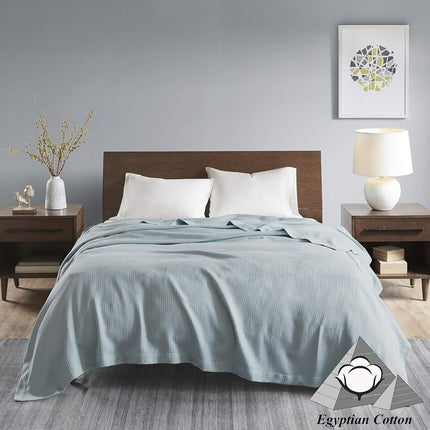 Madison Park Soft Certified 100% Egyptian Cotton Breathable Cozy Blanket, Premium Waffle Knit Classic Design, Luxury All Season Lightweight Cover for Bed, Couch and Sofa, Light Blue King(108"x90")