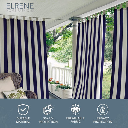 Elrene Home Fashions Highland Stripe Indoor/Outdoor Curtain Panel, 50 inches X 84 inches, Navy