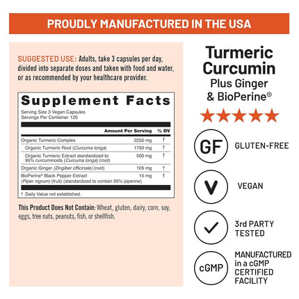 NatureWise Curcumin Turmeric 2250mg - 95% Curcuminoids 500mg - Turmeric w/BioPerine Black Pepper & Ginger - Enhanced Bioavailability for Joint Support - Vegan, Non-GMO - 360 Capsules[4-Month Supply]