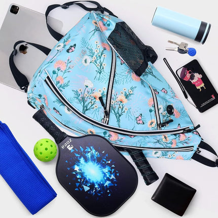 ZOEA Pickleball Bag, Sport Pickleball Sling Bag for Women Man, Adjustable Pickleball Backpack with Fence Hook Water Bottle Holder, Fits 4 Paddles and All Your Other Gear (Flower Blue)