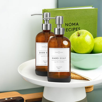 Vine Creations Amber Glass Soap Dispenser 2 Pack, Thick 16oz Bottles with Rustproof Stainless Steel Pump, Modern Farmhouse Vintage Jar, Bathroom Kitchen Accessories, Dish and Hand Soap Labels (Silver)