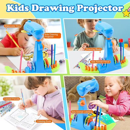 Kids Drawing Projector Kit - Complete Art & Craft Set for Girls Ages 3+ with Crayons, Stencils & Coloring Books (Blue)