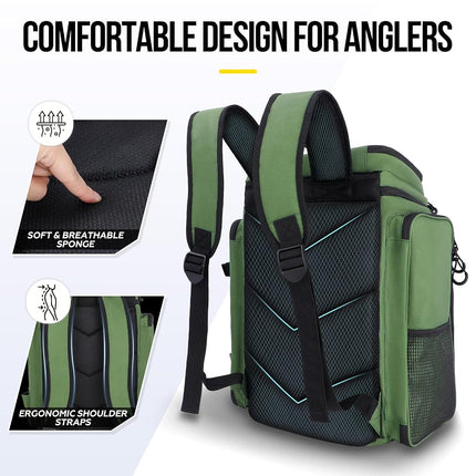 PLUSINNO Fishing Backpack with Rod Holders, 42L Large Water-Resistant Tackle Bag for Fishing, Camping, Hiking, Gifts for Men, Green