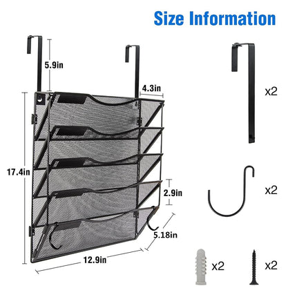 BOHDK Wall File Organizer 5 Pockets, Mail Organizer, Hanging Folder Holder, Foldable | Hanging or Wall Mounted | Label Panel | 2 Hooks | Office Home School Organizer, Black