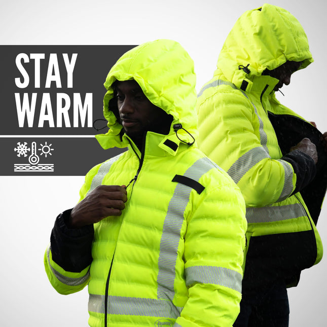 Chaqueta acolchada sin costuras de alta visibilidad Pioneer para hombre - Parka de invierno impermeable de alta visibilidad - ANSI Clase 3