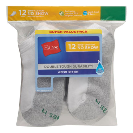 Chaussettes Garçon Hanes, Lot de 12 paires, modèle cheville renforcée Double Tough et socquettes invisibles, Socquettes invisibles - Blanc/Gris (dessous) - Lot de 12, S