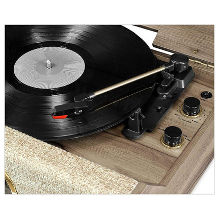 Victrola Highland 4-in-1 Bluetooth Record Player with Speakers – 3-Speed Vinyl Record Player, FM Radio & 3.5mm Aux, Wireless Music Streaming (Farmhouse Walnut)