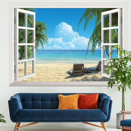 FLFK Fake Window Wall Sticker - Summer Beach Faux Window Wall Mural for Wall Decor, Stick and Peel Wall Decals, 80"x60", Set of 5 Sheets
