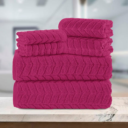 Elegant Comfort Luxury 6-Piece 100% Turkish Cotton Jacquard Braided Textured Premium Hotel Quality Towel Set– Soft and Absorbent, Includes 2 Bath Towels, 2 Hand Towels and 2 Washcloths, Hot Pink