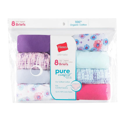 Hanes Ultimate Sous-vêtements Fille, Culottes 100% Coton Biologique Pur Confort, Slips & Hipsters, Lot de 8, Slip – Rose Bleu Uni & Motifs, 12