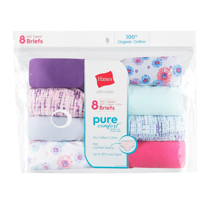 Hanes Ultimate Girls' Underwear, Pure Comfort Organic 100% Cotton Panties, Briefs & Hipsters, 8-Pack, Brief - Pink Blue Solids & Patterns, 10