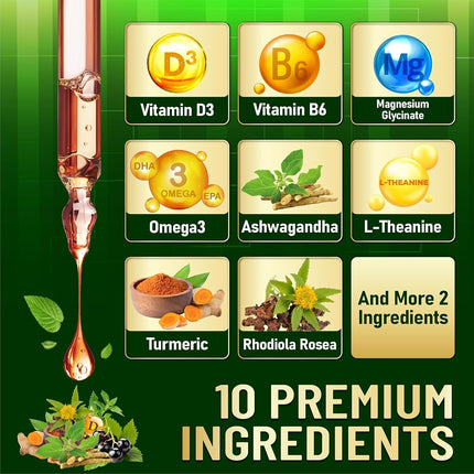 10in1 Magnesium Glycinate Liquid Drop with Omega-3, Vitamin D3, Vitamin B6, Ashwagandha, L-Theanine, Turmeric, Rhodiola Rosea, Elderberry, Lemon Balm - 1 FL Oz - 30 Days Supply