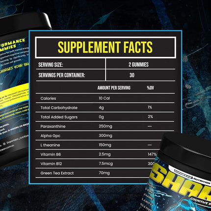 SHARP Alpha GPC & Paraxanthine Chewable Gummies with L-Theanine & Green Tea Extract - Caffeine Free - for Gamers, Men & Women - Mixed Berry Flavour - 60 Gummies (30 Servings)