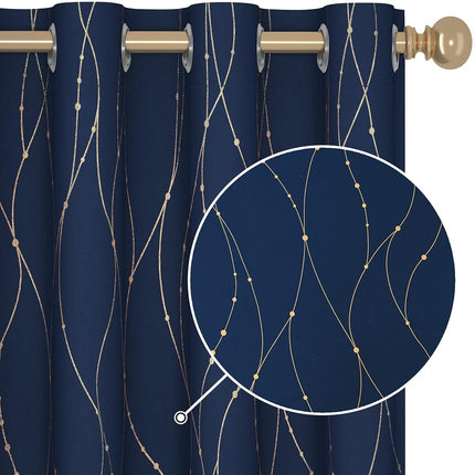 Cortinas Deconovo para Dormitorio de 241 cm de Largo - Cortinas Opacas para Comedor con Estampado de Ondas y Puntos Dorados (132 cm de Ancho x 241 cm de Largo, Azul Marino, 2 Paneles)