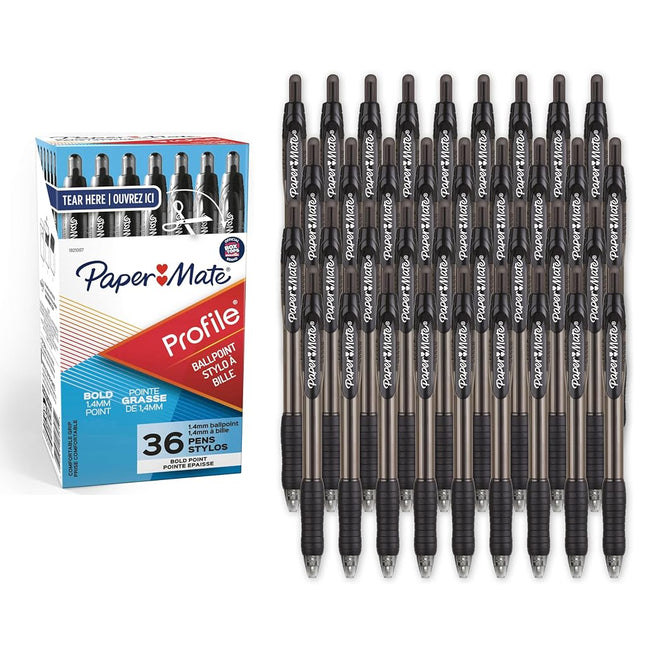 Paper Mate Profile Ballpoint Pens, Bold Point, Black, Box of 36