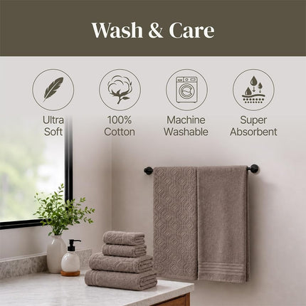 Modern Threads 6 Piece Set, 2 Bath Towels, 2 Hand Towels, 2 Washcloths Yarn Dyed Diamond Gate Jacquard Towel Set Taupe