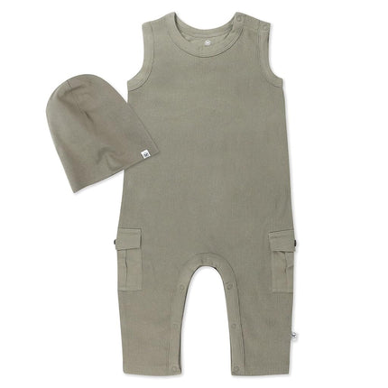 HonestBaby Sleeveless Rib Coverall and Beanie set Organic Cotton for Baby Boys, Girls, Khaki, 12 Months, Khaki (2-pack), 12 Months