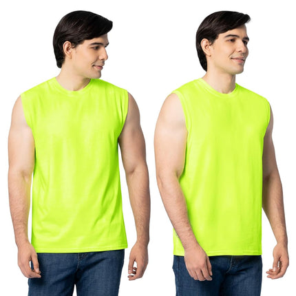 Fruit of the Loom Men's Eversoft Cotton Sleeveless T Shirts, Breathable & Moisture Wicking with Odor Control, Sizes S-4x Undershirt, Muscle-2 Pack-Safety Green, Large (Pack of 2)